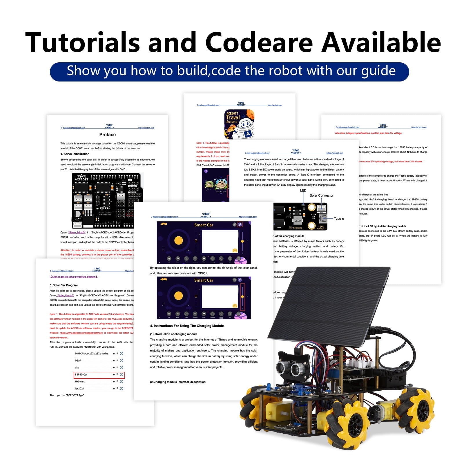 ACEBOTT 4WD Smart Robot Car Kit with ESP32 | Solar-Powered, Arduino-Compatible STEM Platform.