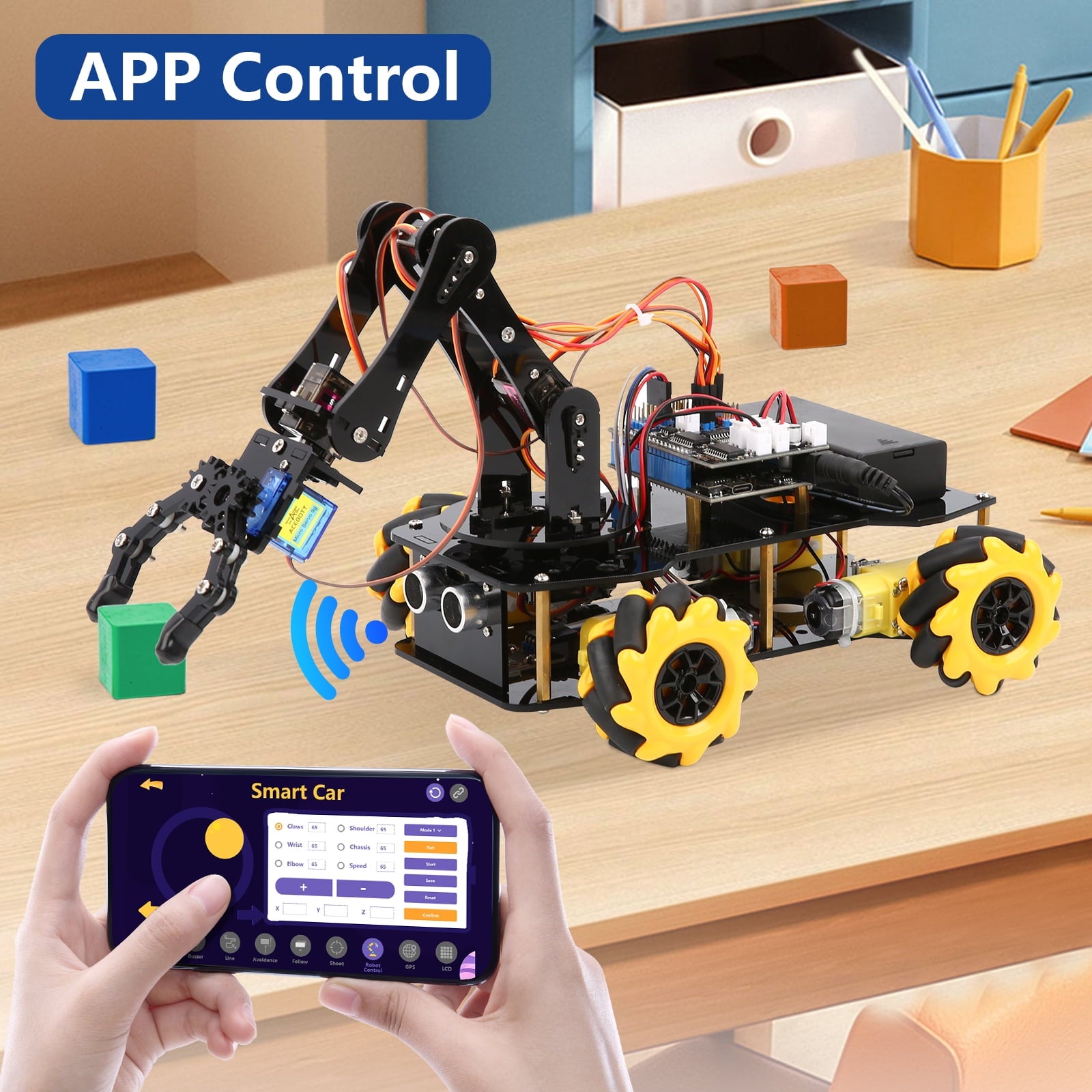 ACEBOTT 4WD Mecanum Robot Arm Car Kit – Programmable STEM Platform with ESP32 | Arduino-Compatible.