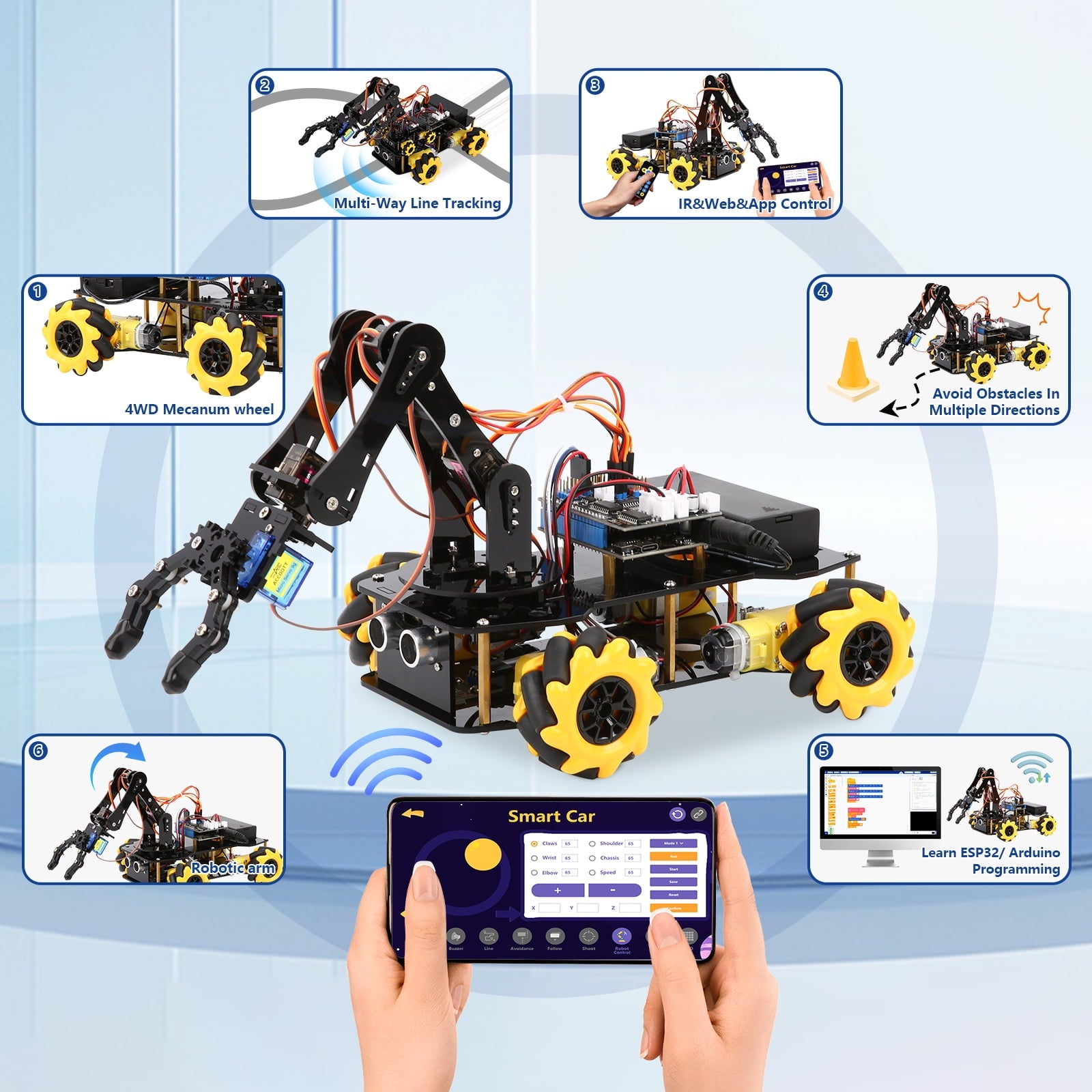 ACEBOTT 4WD Mecanum Robot Arm Car Kit – Programmable STEM Platform with ESP32 | Arduino-Compatible.