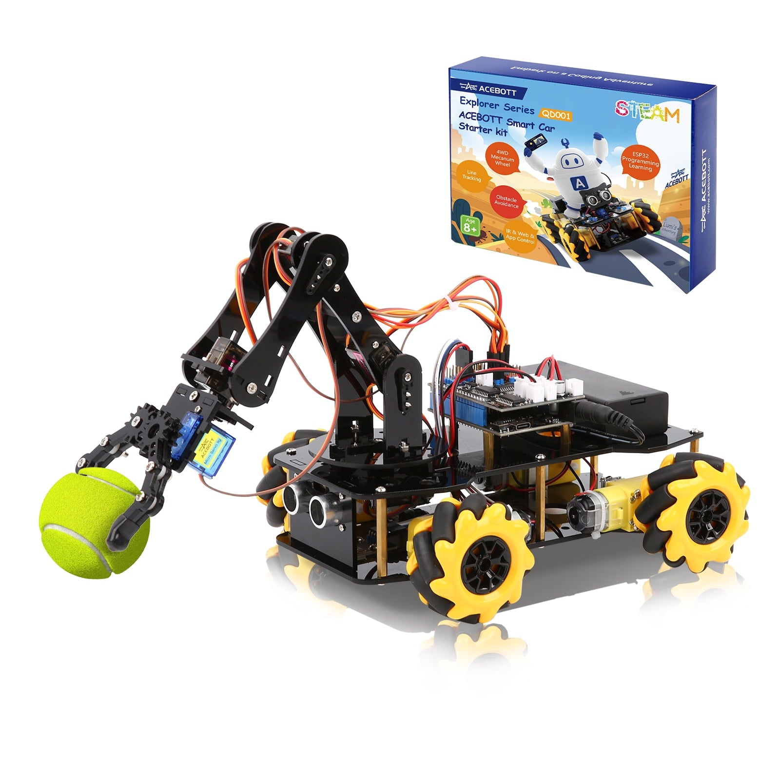 ACEBOTT 4WD Mecanum Robot Arm Car Kit – Programmable STEM Platform with ESP32 | Arduino-Compatible.