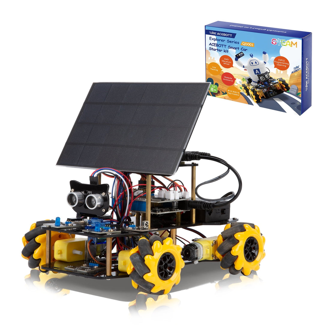 ACEBOTT 4WD Smart Robot Car Kit with ESP32 | Solar-Powered, Arduino-Compatible STEM Platform.