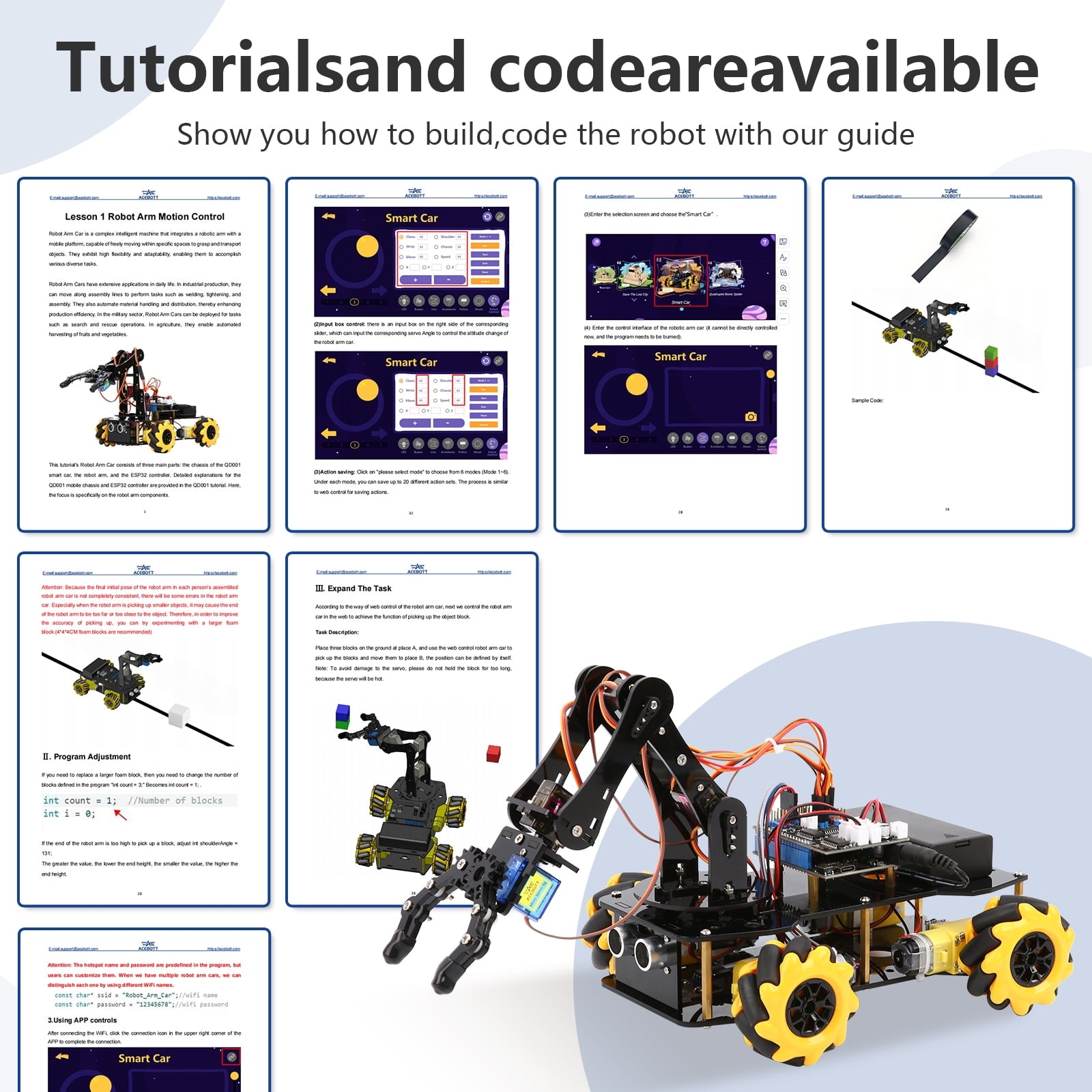 ACEBOTT 4WD Mecanum Robot Arm Car Kit – Programmable STEM Platform with ESP32 | Arduino-Compatible.