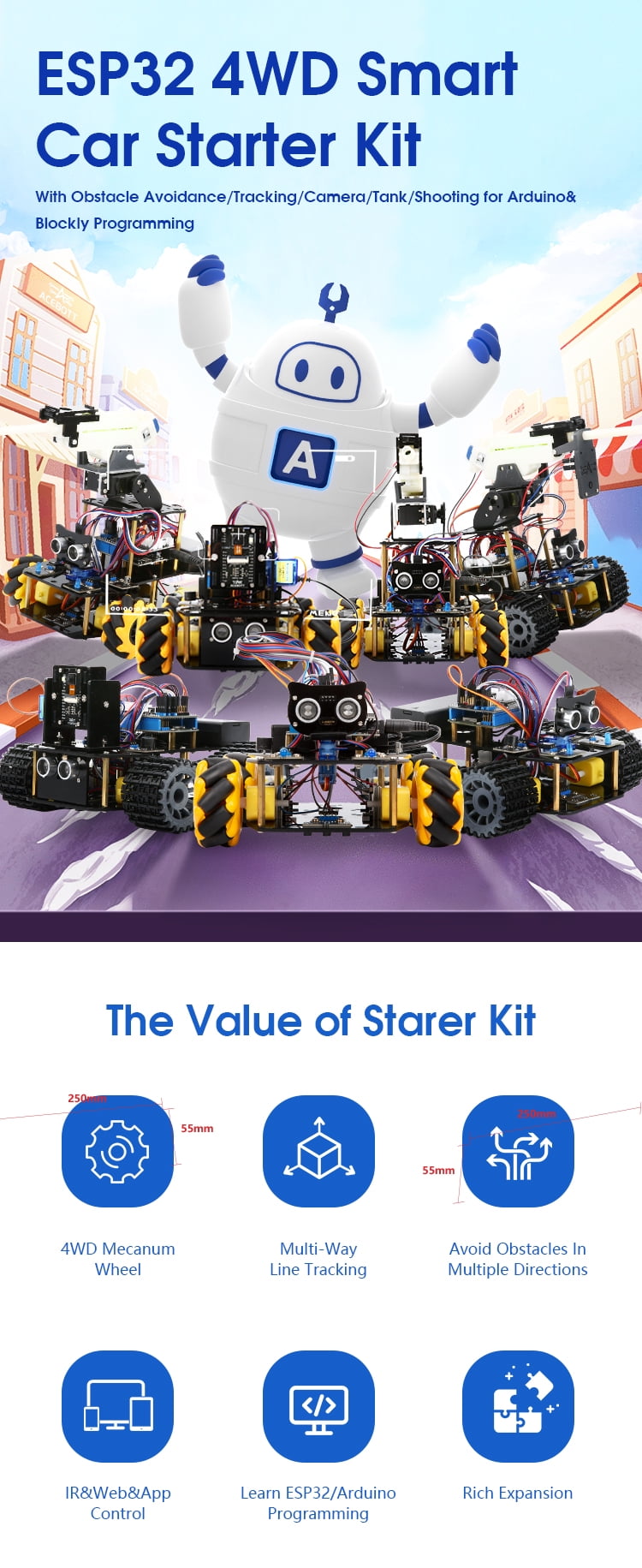 ACEBOTT ESP32 Programmable Robotics Kit – Autonomous Vehicle, Solar Tracker, and Robotic Arm for STEM Learning.